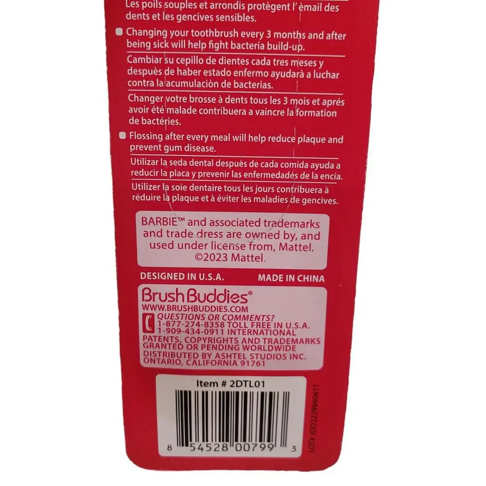 Barbie Pink Toothbrushes BrushBuddies 2 Pack Barbie Soft Toothbrush